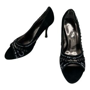 KATHY Van Zeeland Black Suede Embellished Peep Toe Heels Stiletto Size 7.5